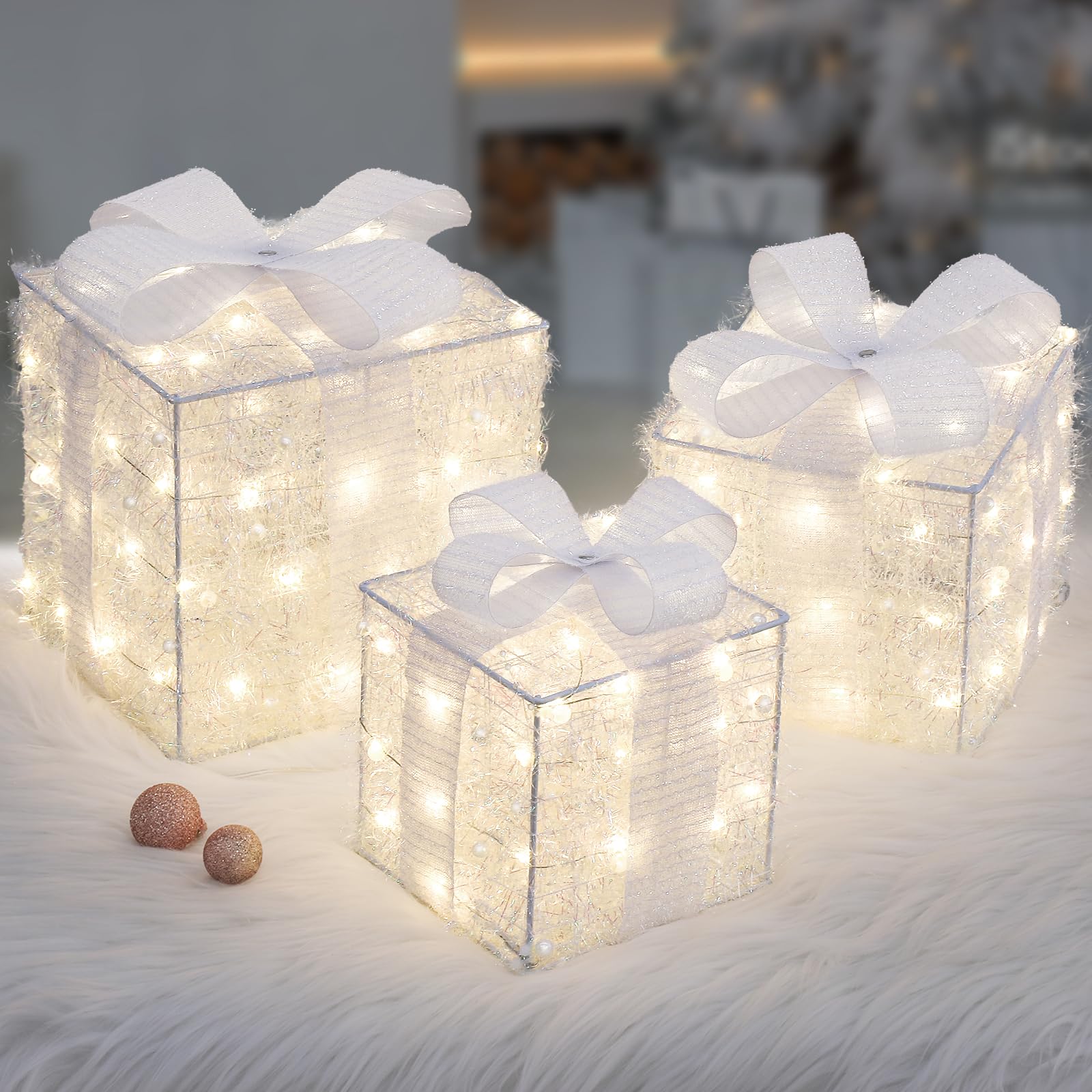 Quntis Light up Present Boxes Christmas 140 LEDs, Set of 3 Christmas Lighted Gift Boxes with 8 Modes and Timer, Plug in White Christmas Decorations, Light up Xmas Decorations for Indoor Outdoor