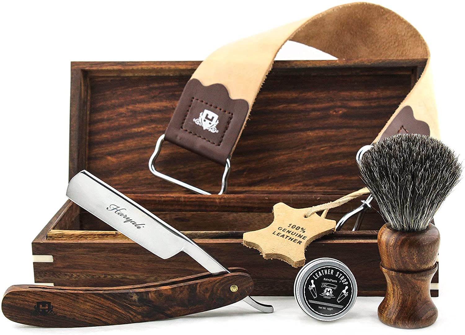 Hand Assembled Classic Collection Vintage Barber Salon Wooden Box Straight Cut Throat Wooden Shaving Razor, Wooden Black Badger Hair Shaving Brush, Leather Strop & Honing Paste Set 5 Pc Luxury Kit