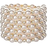 Kicomvi Imitition Pearl Stretch Bracelet Multilayer Crystals Pearl Elastic Bangle for Women Wedding Jewelry 1920s Costume