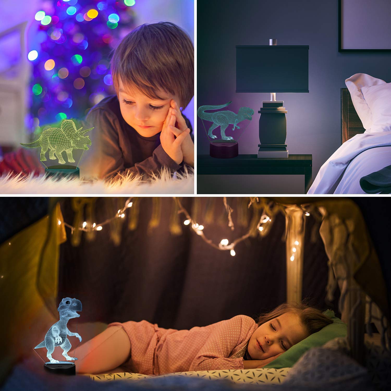 3D Night Light, Night Lights for Kids 3 in 1 3D Dinosaur Illusion Night Lamp Bedside Lamp 3 Colors, 3D Night Light for Kids Best Birthday Gifts for Kids Girls Boys Baby