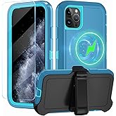 CONWOE Magnetic for iPhone 11 Pro Case,with Belt Clip,[Compatible with Magsafe] W/Tempered Glass Screen Protector,Anti-Drop,Shockproof,Heavy Duty Protection (Lake Blue)
