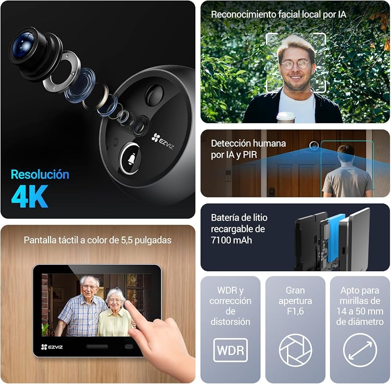 EP4 4K WiFi Digital Peephole para porta, ecrã tátil a cores de 5,5", campainha de vídeo sem fios, reconhecimento facial por IA, 7100 mAh, deteção PIR, áudio bidirecional, privacidade protegida, prateado