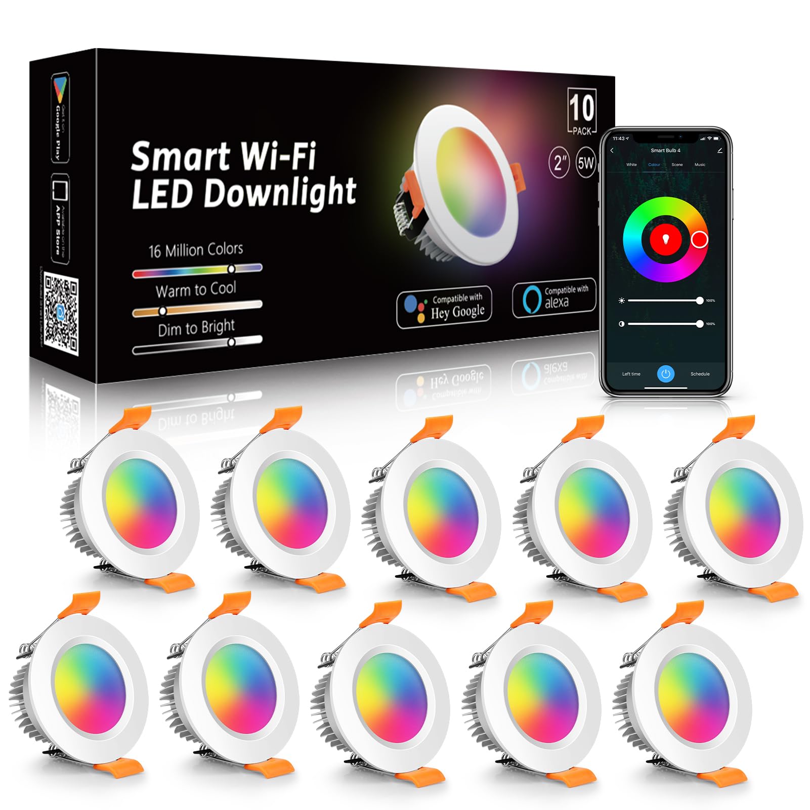 Photo 1 of LightingWill 2 Inch LED Recessed Lighting, Smart WiFi LED Downlight, 5W Ceiling Light Compatible with Alexa/Google Assistant, Dimmable RGB & 2700K-6500K, 120V with Driver (10 Pack)