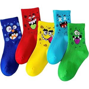 Sorvell 5 Pairs Boys Athletic Socks, Cartoon Mid Crew Socks for Toddler Little & Big Kids, Holiday Birthday Gifts