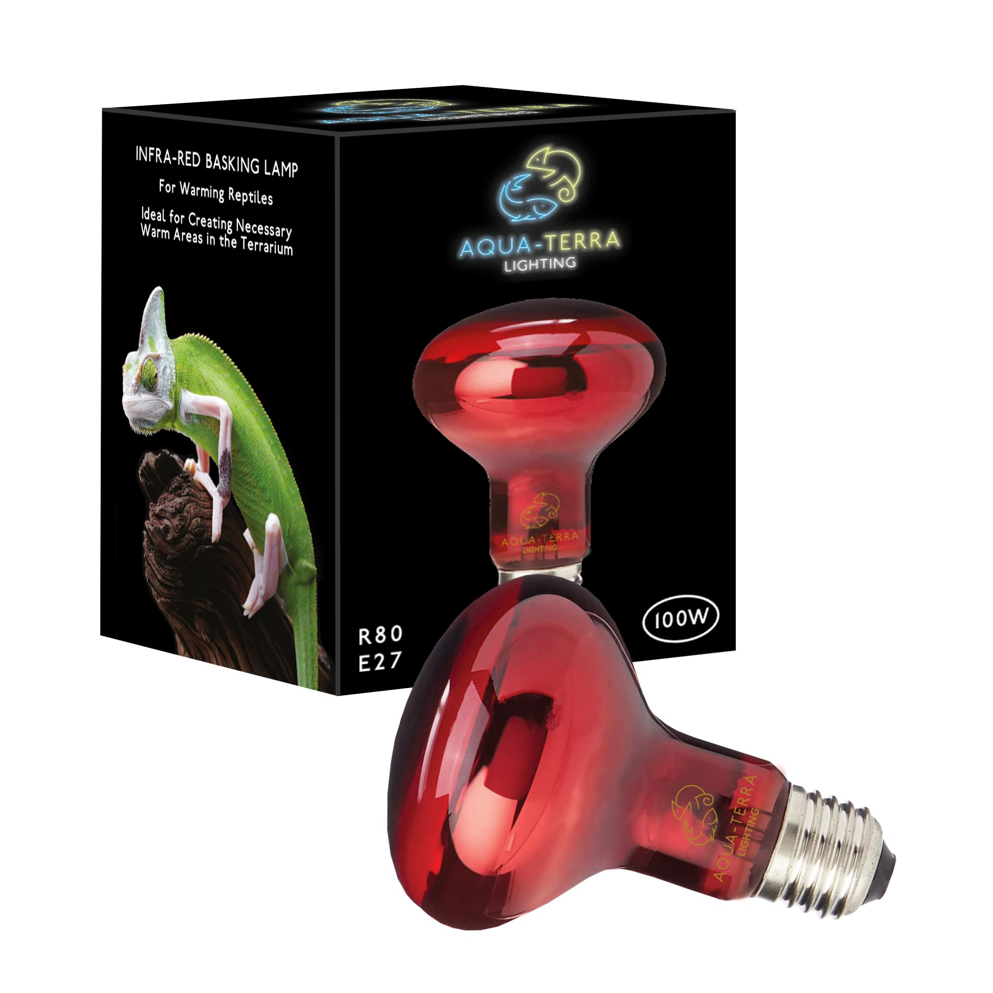 Aqua-Terra Lighting 100w Infrared Basking Heat Lamp for Reptiles, Amphibians and Invertebrates– R80 Spotlight Bulb with E27 Standard Screw Base Suitable for Vivarium Heating