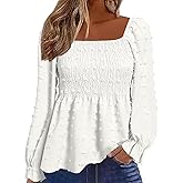 Flamingals Women's Long Sleeve Peplum Blouse Square Neck Cute Elegant Ruffle Smocked Babydoll Shirts