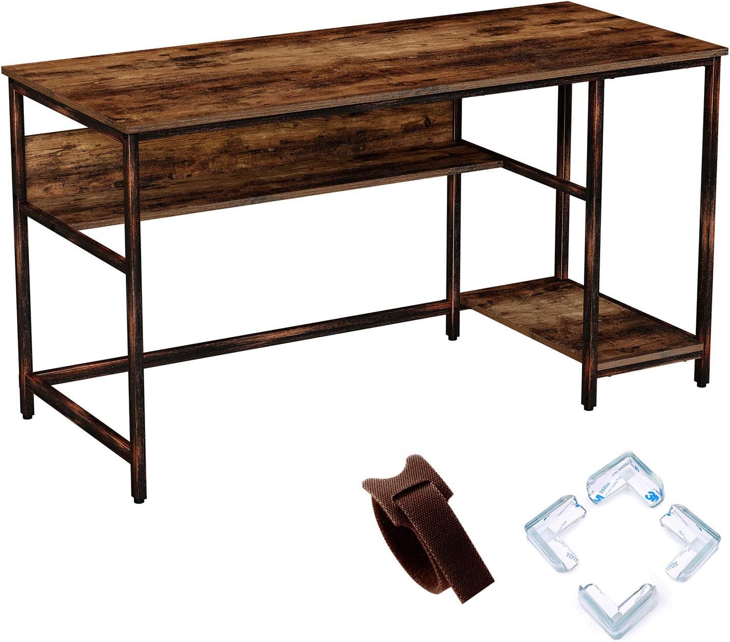 Rolanstar Rustic Style Computer Desk, 55" Home Office Desk with 2 Storage Shelves, Study Table with Corner Protectors, Workstation,Stable Metal Frame, CP001-E