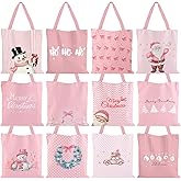 12 Pcs Pink Christmas Canvas Tote Bags for Women Christmas Tree Snowman Santa Bow Candy Cane Reusable Grocery Shopping Shoulder Bags Xmas Gifts for Holiday Gift Wrapping Party Decoration Supplies