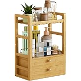 AmazerBath Bamboo Bathroom Counter Organizer, 2-Tier Makeup Organizer with 2 Drawers, Vanity Organizer Storage Coffee Matcha Station, Compact Shelf for Bathroom Kitchen Office Countertop