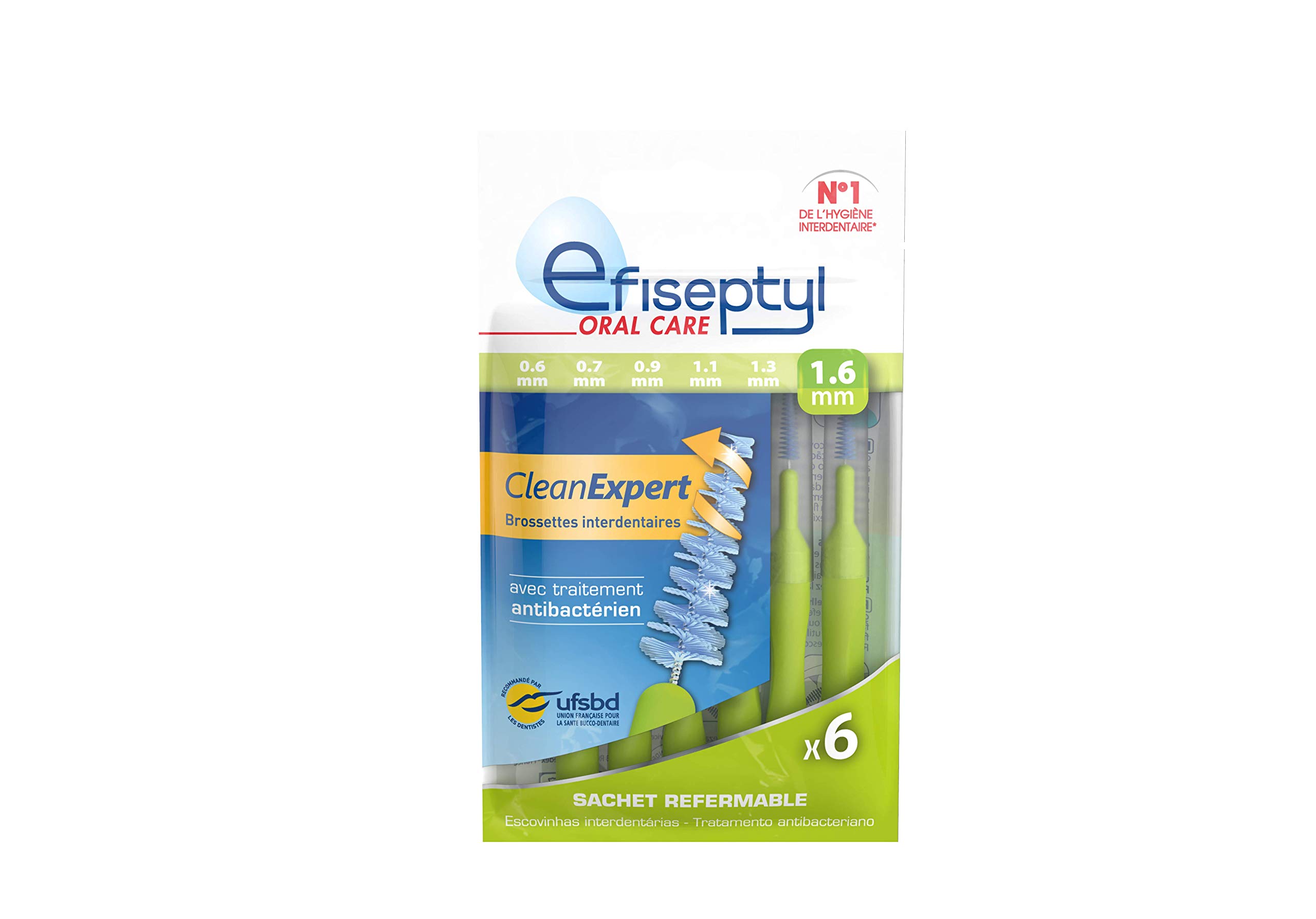 Efiseptyl - Clean Expert Interdental Brushes 1.6 mm - Resealable Bag - with Antibacterial Treatment - Pack of 6 Brushes