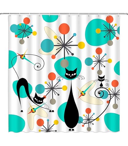 Tenda Doccia Mid Century Gatto Starburst Stelle Atomiche Moderna