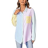 MakeMeChic Women's Striped Colorblork Blouse Oversized Collared Button Down Shirt Long Sleeve Top