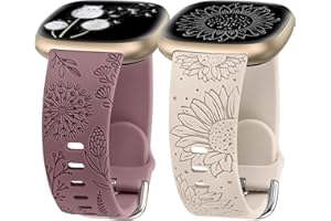Minyee 2 Packs Floral Engraved Band Compatible with Fitbit Versa 4/Versa 3/Sense 2/Sense Band Women, Cute Silicone Dandelion Sunflower Design Soft Sport Fancy Summer Strap for Versa 4