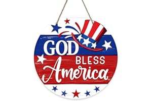 Deroro 4th of July God Bless America Patriotic Sign for Front Door Decor, American Stars Stripes Wood Hanger for Outdoor Outside Porch, USA Memorial Day Wooden Wreath Indoor Wall Hanging Decoration