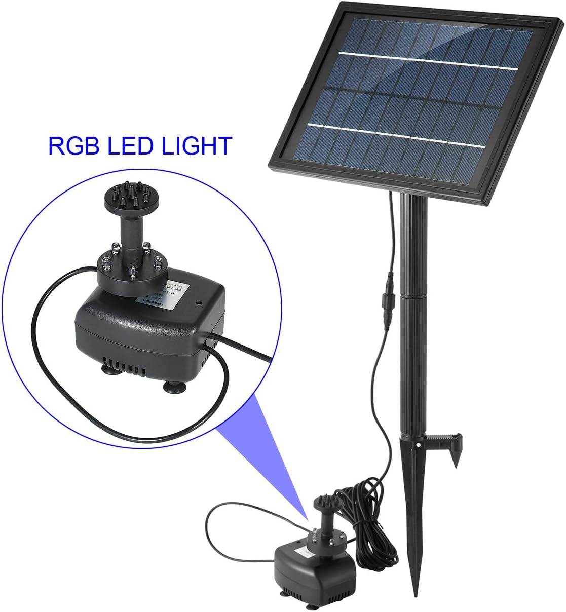 YADICO Solar Fountain Pump With RGB LED lighting Ring Submersible Water Pump with Bulit-in Battery Backup for Bird Bath Pool Garden Pond Landscape,5W 200L/H