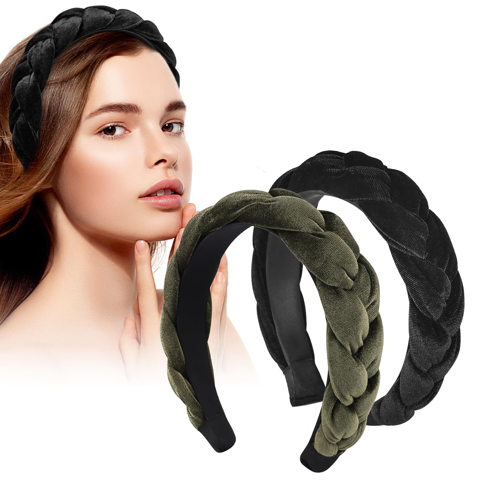 LOPHE Velvet Braided Headband, 2Pcs Twisted Rough Edge Hair Band, Non-Slip Twist Knotted Wide Solid Color Hair Hoop Cute Vintage Style