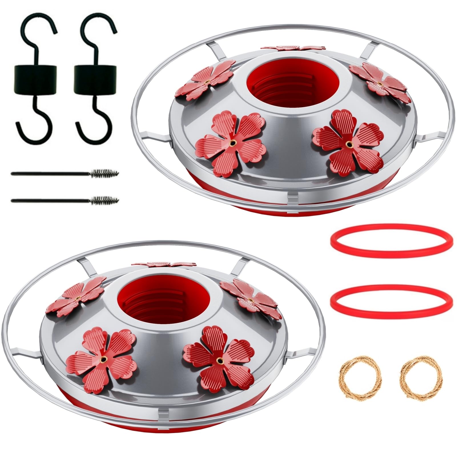 Photo 1 of 2 Pack Hummingbird Feeder Base Replacement Part Accessories Set - Includes 2 Pcs Bottom Base, Moat Hooks, Seal Rings, Brushes and Hanging Ropes (2, Silver)