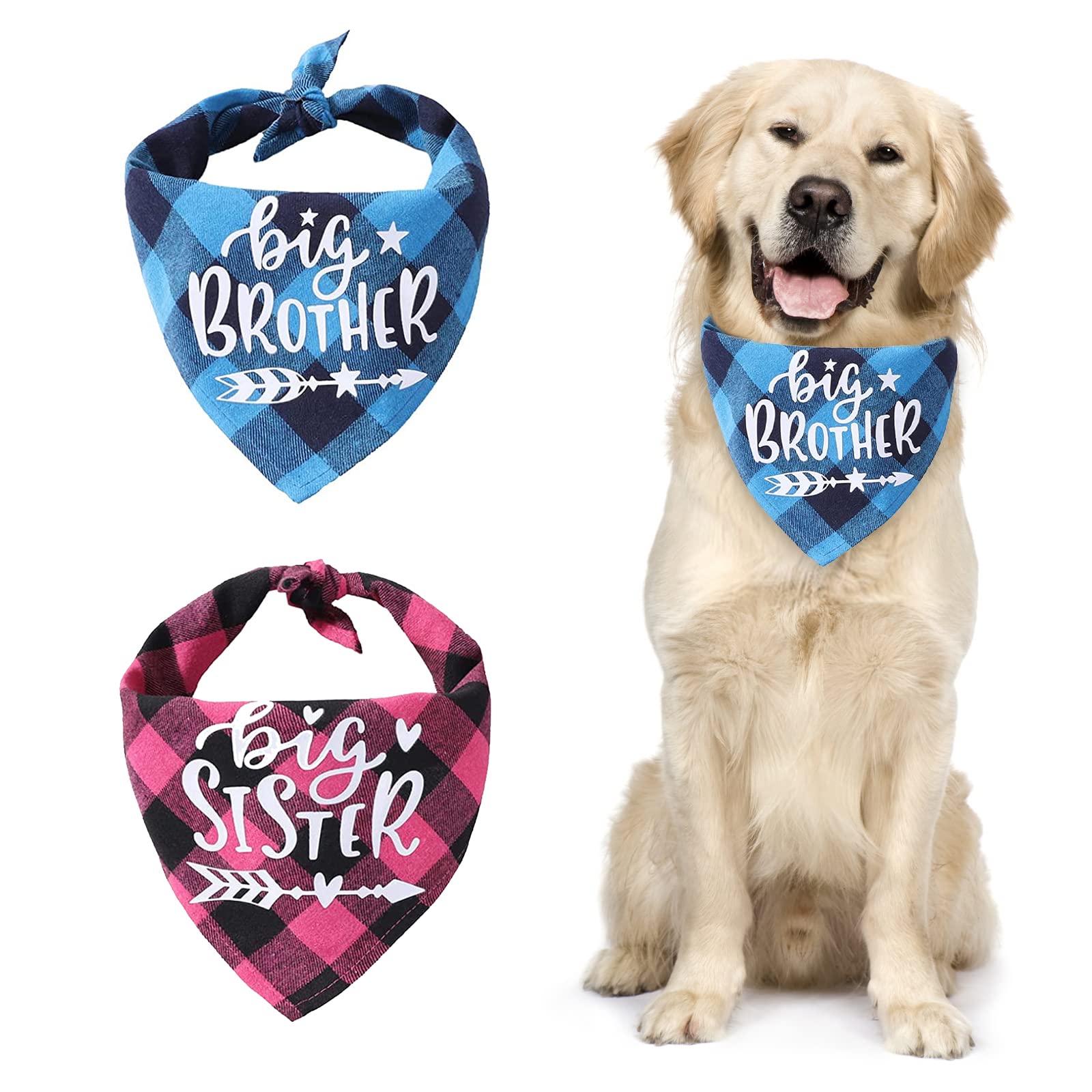 URROMA Rose Red and Lake Blue Plaid Dog Bandana Scarf, 2 Packs Soft Cotton Dog Bandana Adjustable Triangle Pet Scarf for Small Medium Dogs Pets