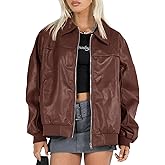Tankaneo Womens Faux Leather Jackets Oversized Bomber Casual Fall Fashion Zip Up Moto Biker Coats