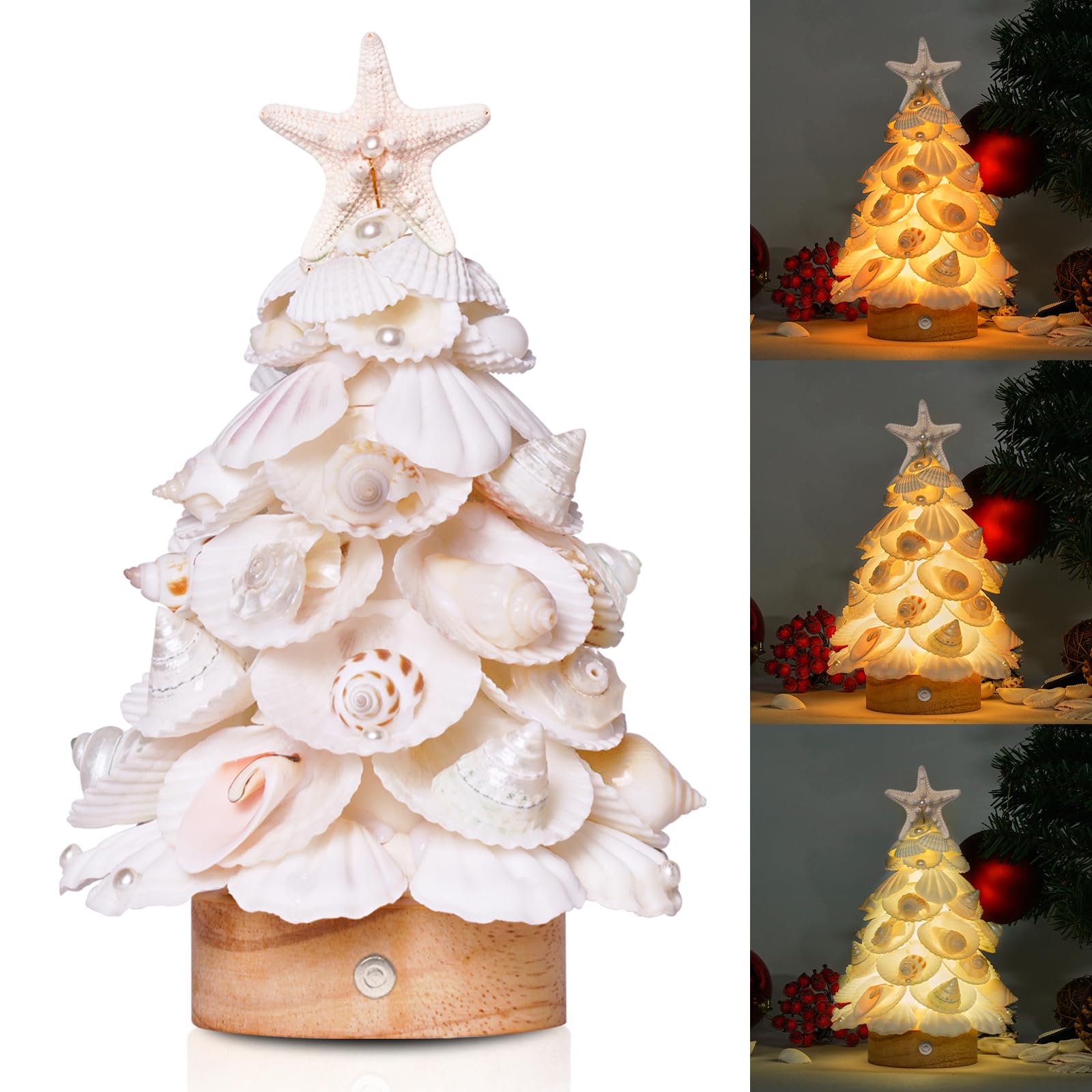 Photo 1 of Sea Shells Christmas Tree Handmade Crafts Tabletop Shells Christmas Tree with LED Light, for Christmas & Beach Decoration, Party Birthday Gift, Home Decor, Figurines Christmas Tree