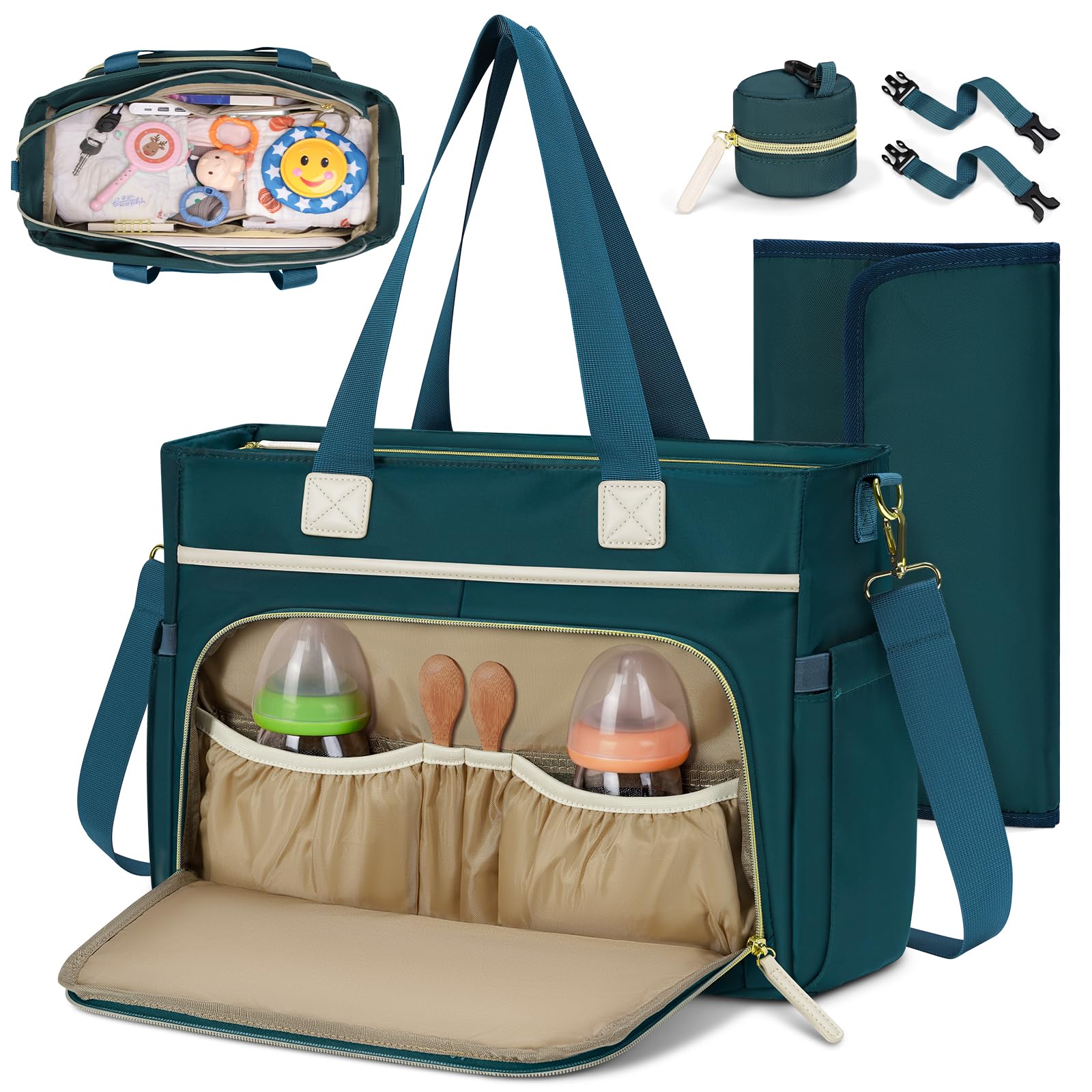 Photo 1 of RAINSMORE Diaper Bag Tote, Large Capacity Diaper Bag Waterproof Baby Bag Multifunctional Travel Diaper Tote with Pacifier Case & Changing Pad, Dark Green