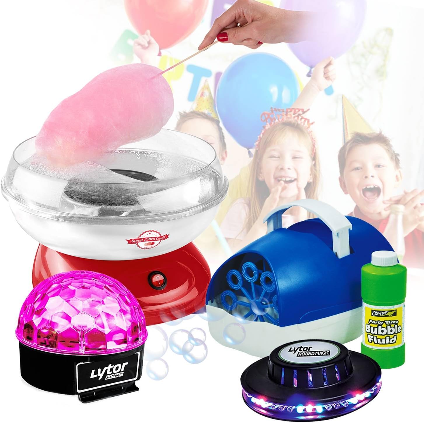 Birthday Party Pack – Candy Floss Machine + Bubble Machine + 2 Games Light