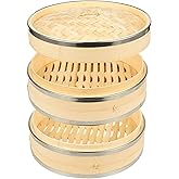 Juvale 2-Tier Steamer Pot Insert with Steel Rings - 10" x 6.5", Beige - Bamboo & Steel Stackable Basket for Rice & Dumpling Steamer for Vegetables