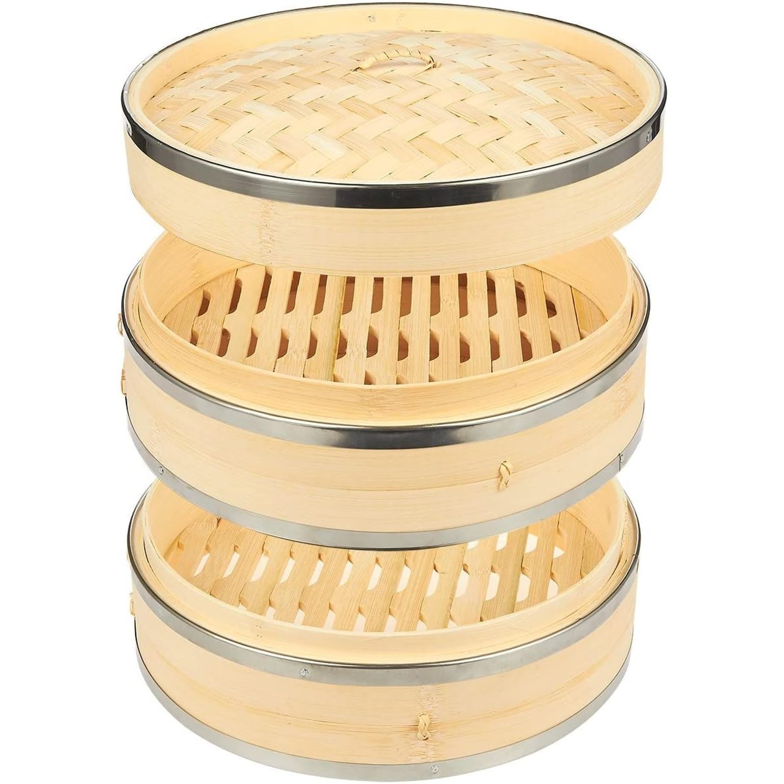 Photo 1 of ***POSSIBLY FOR PARTS/ UNTESTED ***** Juvale 2-Tier Steamer Pot Insert with Steel Rings - 10" x 6.5", Beige - Bamboo & Steel Stackable Basket for Rice & Dumpling Steamer for Vegetables