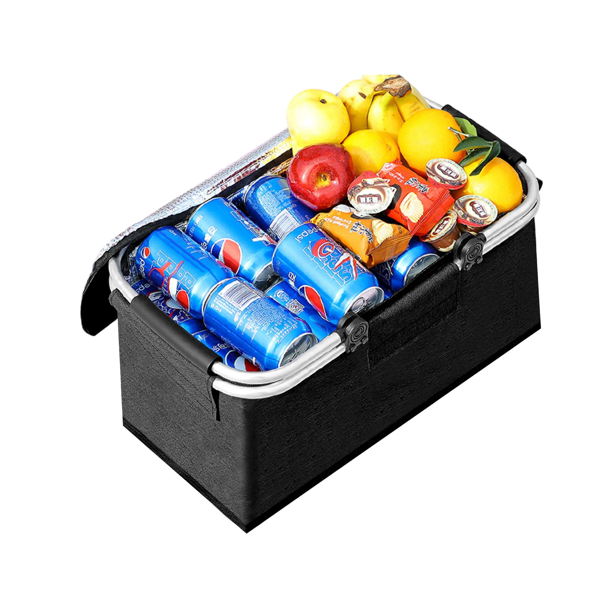 JXCTNNU Picnic Basket 25L Shopping Basket Folding Picnic Basket with Handle Lid Waterproof Cooler Bag Thermal Basket for Camping Trips Shopping Outdoor Activities (Black)