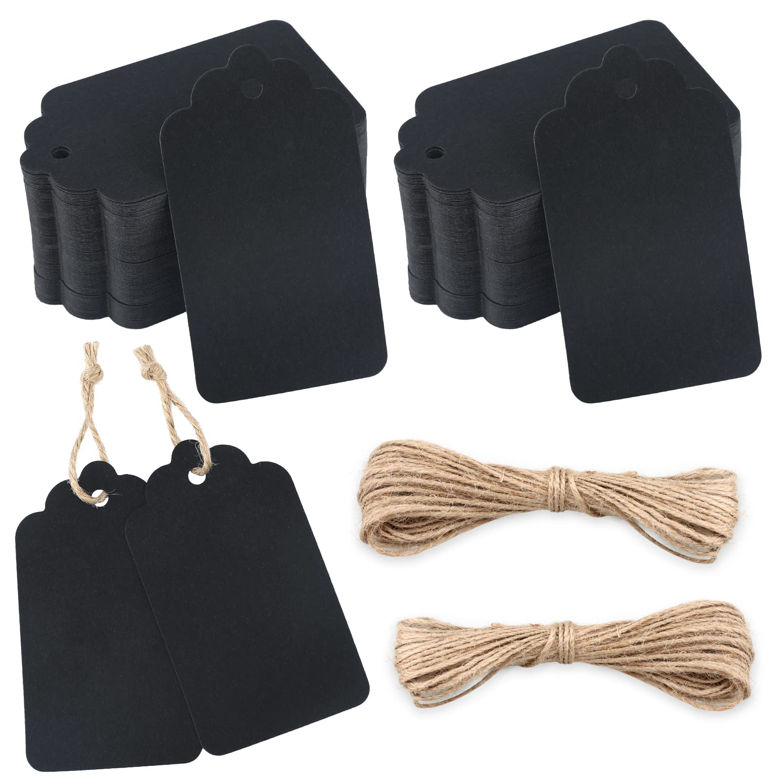 jijAcraft Black Kraft Paper Tags - 100 Pcs, 7x4cm Gift & Hang Tags with Jute Twine