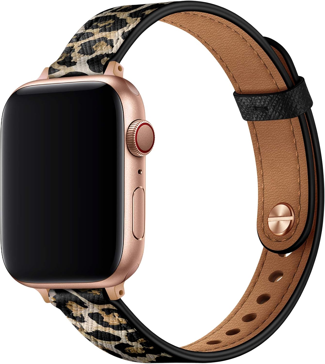 OUHENG Slim Band Compatible with Apple Watch Band 40mm 38mm 44mm 42mm, Women Genuine Leather Band Replacement Thin Strap for iWatch SE Series 6 5 4 3 2 1 (Leopard/Rose Gold, 40mm 38mm)