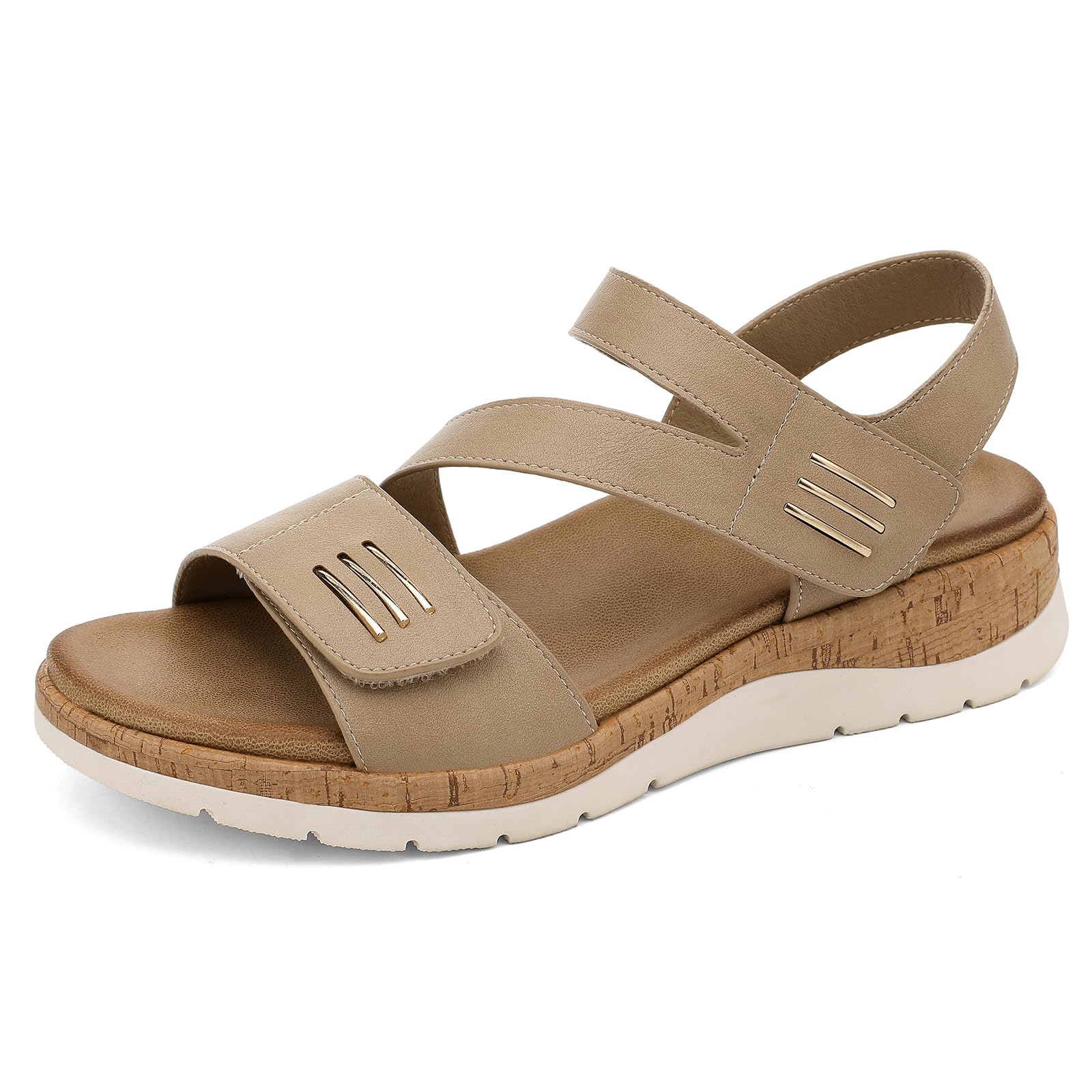 UBFEN Womens Flat Sandals Arch Support Open Toe Walking Comfy Casual Low Wedge Summer Shoes B Khaki Size US 11 Image