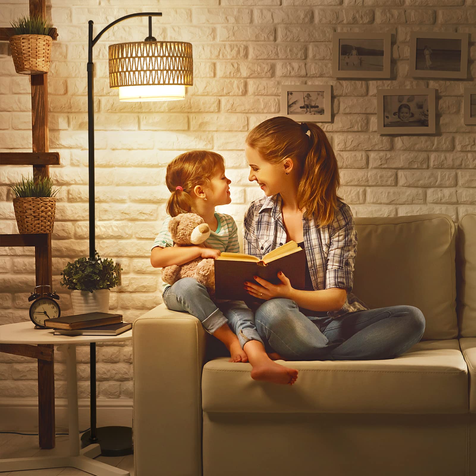 Arc Floor Lamp for Living Room with 3 Color Temperatures, Farmhouse Floor Lamps with Remote & Dimmable Bulb, Boho Standing Lamp with Rattan & Fabric Shades, Adjustable Tall Lamp for Bedroom, Office
