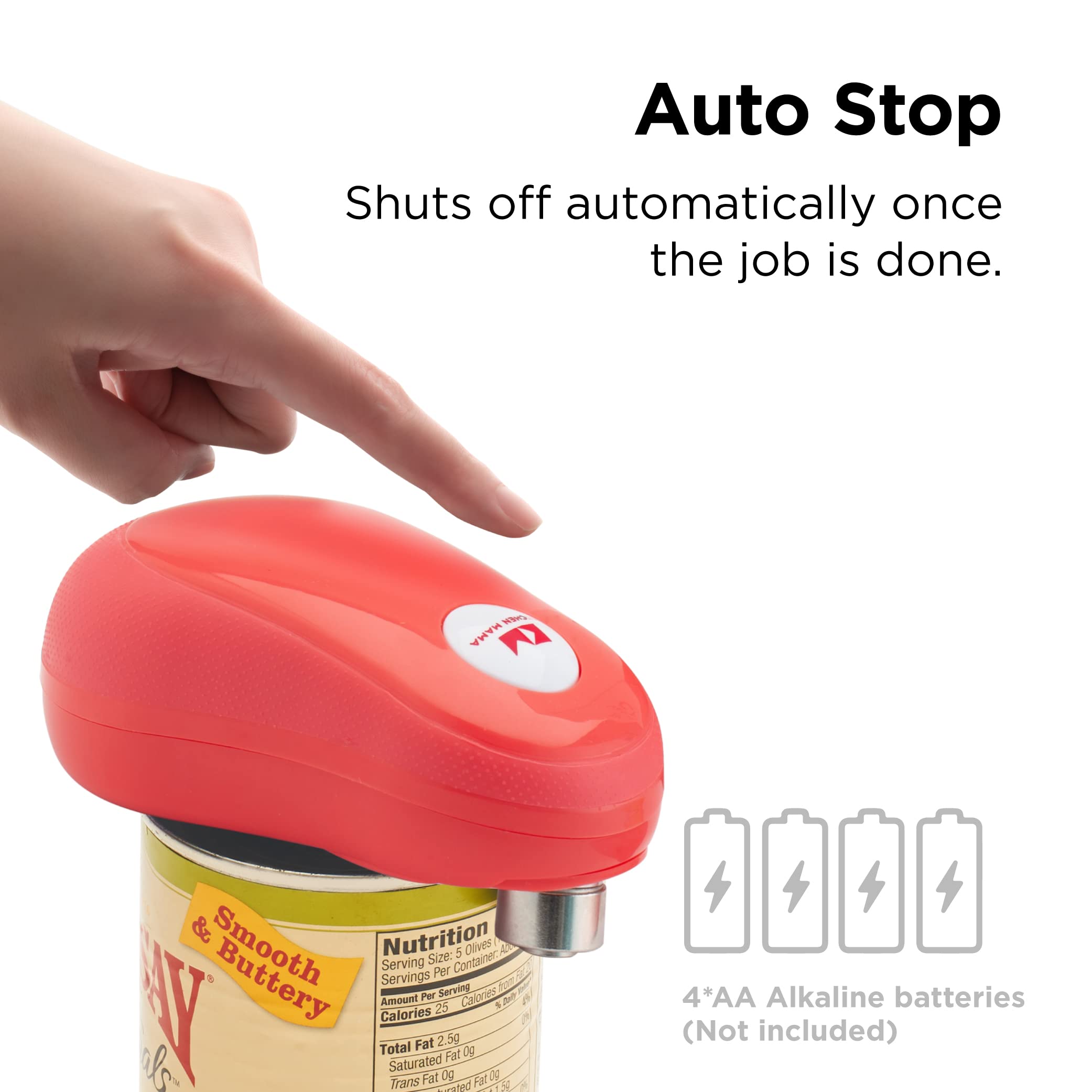 Kitchen Mama One Touch Can Opener: Open Cans with Simple Press of A Button - Auto Stop As Task Completes, Ergonomic, Smooth Edge, Food-Safe, Battery Operated, Electric Can Opener (Red)