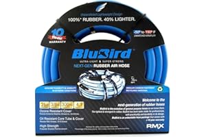 BLUBIRD BB3825 3/8" x 25' Rubber Air Hose, 100% Rubber, Lightest, Strongest, Most Flexible, 300 PSI, 50F to 190F Degrees, Ozone Resistant, High Strength Polyester Braided