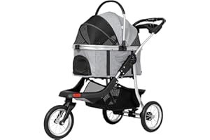 MSmask Medium Small Dog Stroller - 3 in 1 Folding Pet Stroller with Removable Carrier, Zipperless Dual Entry, Waterproof Pad, 3 Wheels, Linen Gray