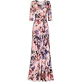 Bon Rosy Women's 3/4 Sleeve V-Neck Floral Printed Maxi Wrap Dress Baby Pink XL