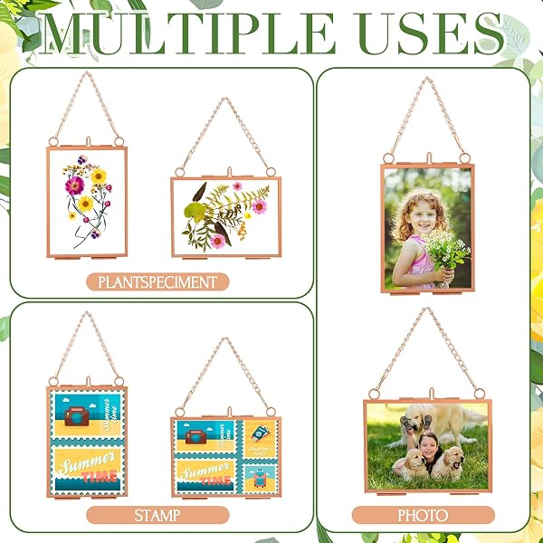 KIGLEY DOUBLE GLASS FRAME FOR PRESSED FLOWERS FLOATING HANGING PHOTO FRAME 3.5 X 2.5 IN BRASS CLEAR PRESSED FLOWER DECOR WITH CHAIN FOR DISPLAY GALLERY ARTWORK, HORIZONTAL VERTICAL (ROSE GOLD,20 PCS)