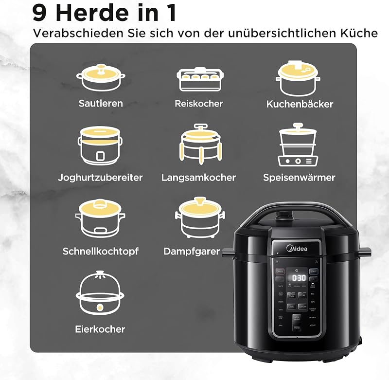 Elektrischer Schnellkochtopf 6L, 9-in-1 Multikocher mit 14 Funktionen, Joghurtbereiter, Reiskocher, Slow Cooker, Sous Vide, Dampfgarer, Nudelkocher, Edelstahl Innentopf, Schwarz