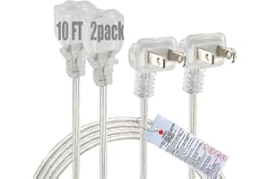 Clear Extension Cord 10 FT 2 Pack, Indoor Thin 2 Prong Extension Cord with Flat Plug, Slim Extension Cable for Christmas Ligh