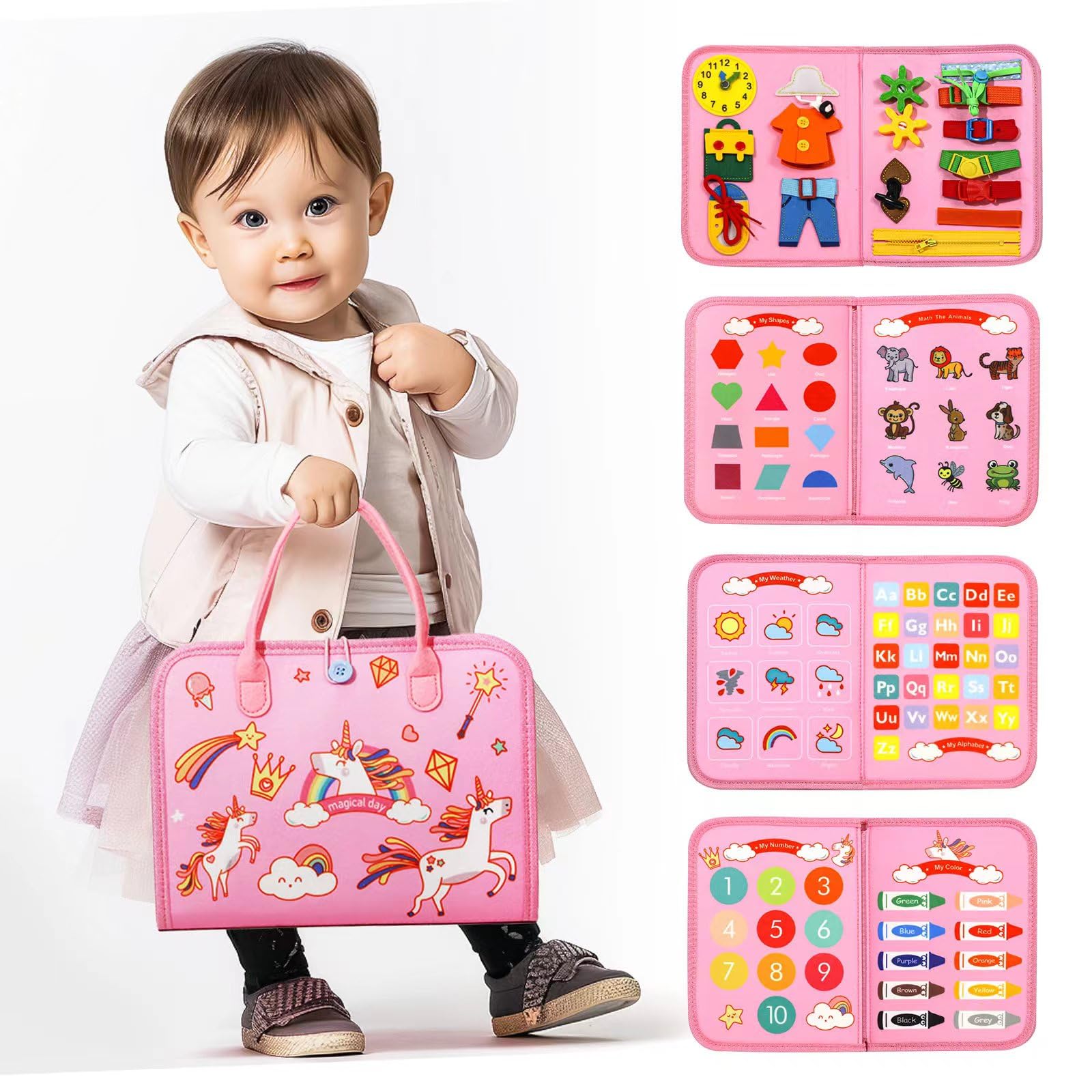 EVERGD Busy Board Montessori Toys Versatile 7 in 1 Educational Activity Sensory Toys Board, Travel Toy - Inspiring Educational Fine Motor Skills learning and Fun for Toddlers (Unicorn, 3-Layer)