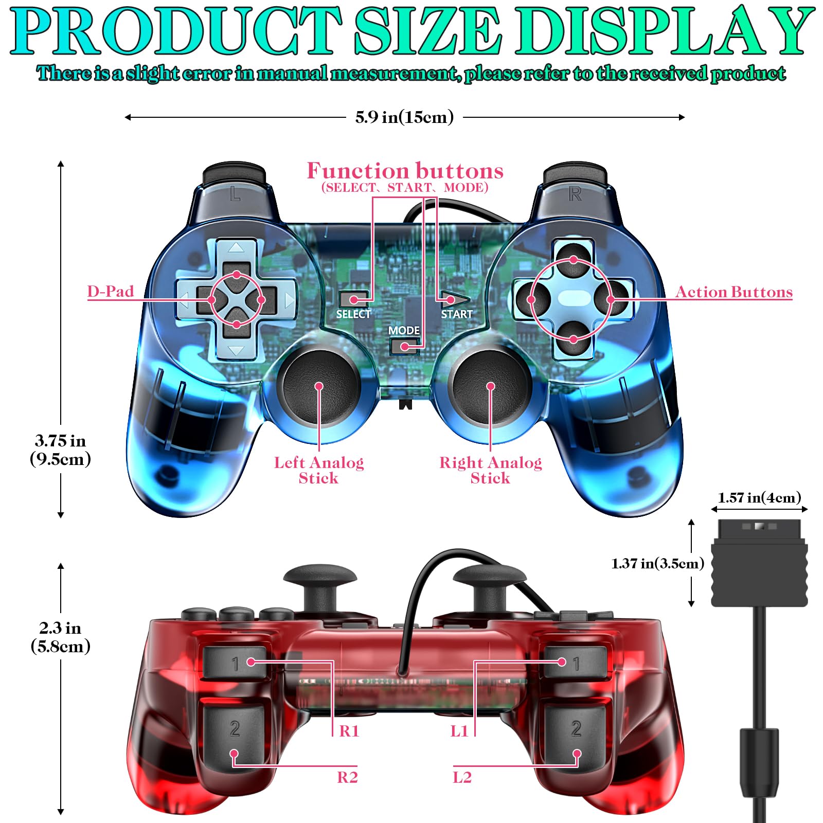 Degulan Wired Controller for PS-2 High Performance Double Shock Gamepad Joystick Remote Compatible with Play 2 (Clear Red and Clear Blue)