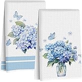 2Pcs Hydrangea Kitchen Towels 24x14 Inch, Spring Summer Flower Waffle Hand Towels for Kitchen Home Decor, White Absorbent Microfiber Dish Cloth Tea Towel, Housewarming Gifts for Women Mom Grandma