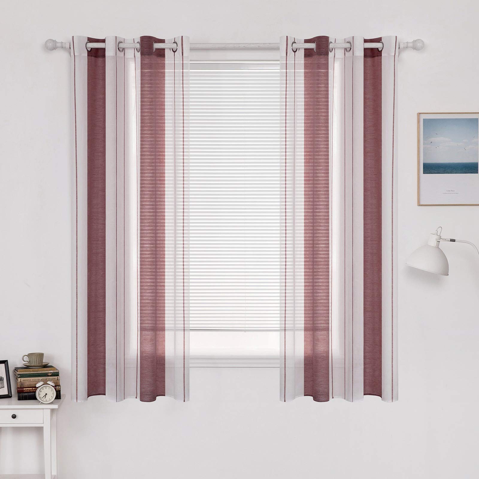 MIULEE Voile Classic Striped Curtain Translucent Modern Light Filtering Transparent Eyelet Top Window Curtain for Bedroom Living Room 2 Panels 55" Wx57 L 140x145cm Wine Red