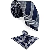 S&W SHLAX&WING Men's Tie Set Necktie with Pocket Square Plaid Navy Blue Heather Grey Checkered Formal Wear Accessory