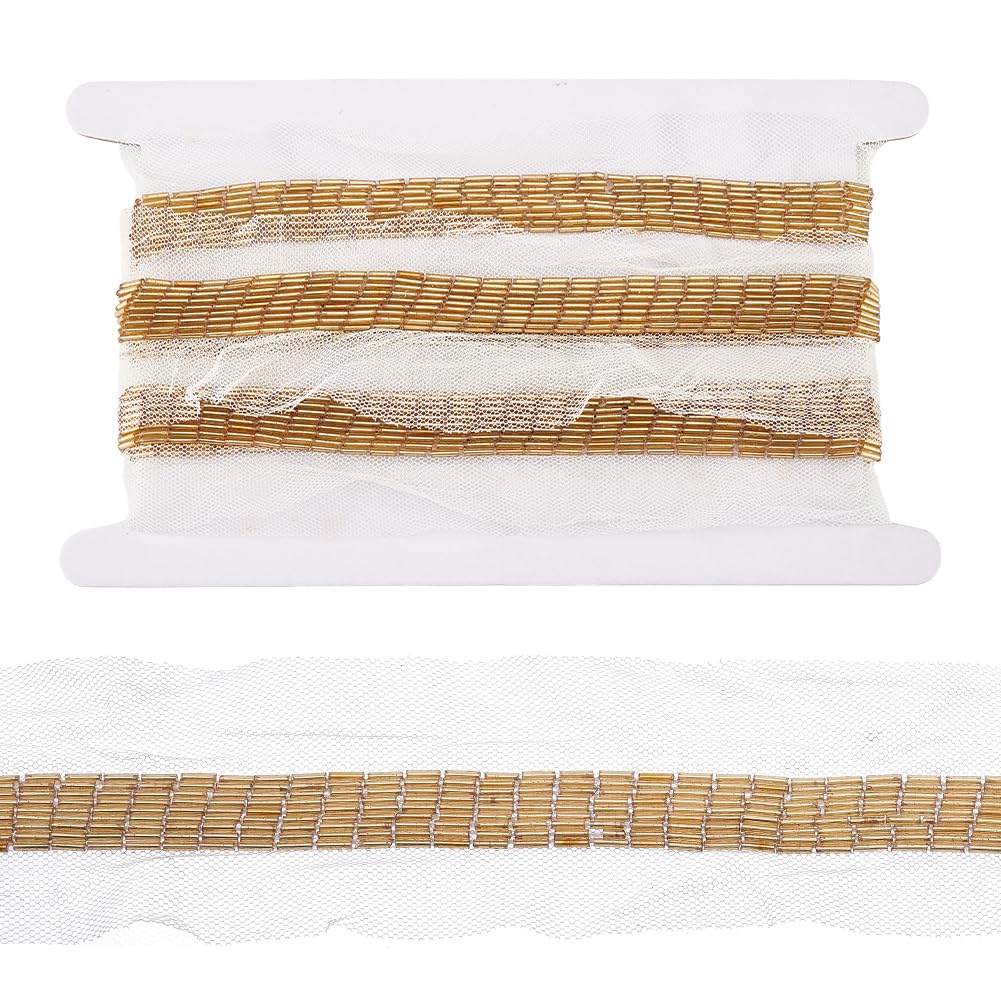 GOMAKERER 2 Yards(1.8m) Glass Seed Beaded Lace Trim Ribbon, 6 cm Wide Organza Wired Wedding Ribbon with Tube Bead Sewing Edging Lace Trim Garment Accessorie for Dress Clothes Sewing Craft