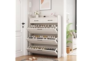 HANLIVES Hidden Shoe Cabinet for Entryway,Narrow Entry Shoe Storage Cabinet with Drawer,White Flip Down Shoe Rack Wood 4 Tier Slim Shoe Storage Organizer for Hallway,Apartment