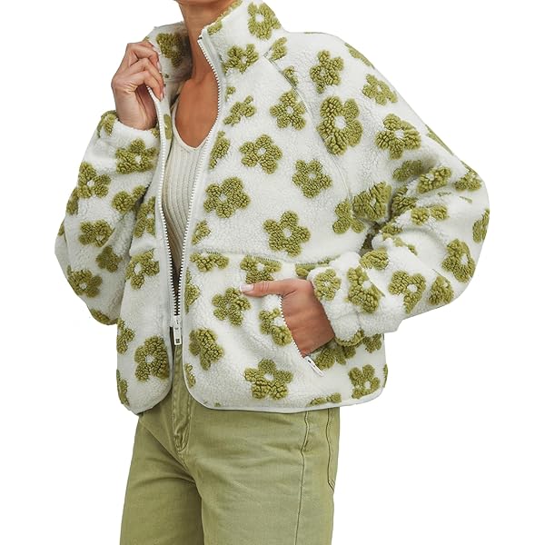 myzgx Women's Cute Floral Pattern Jacket Fuzzy Fleece Zip Up