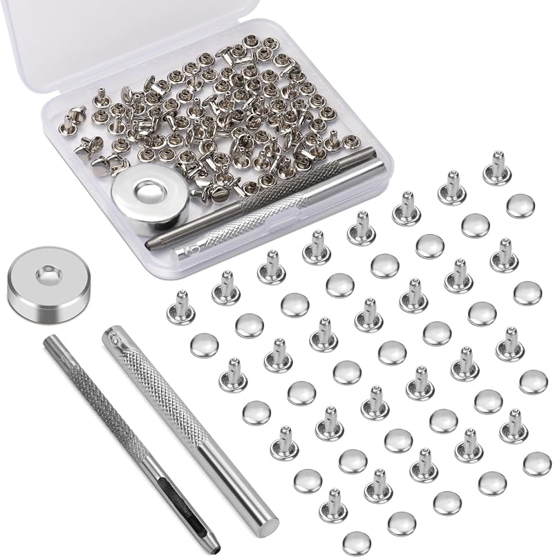 Easusy Leather Rivet Kit 50 Sets 6mm Silver Double Cap Rivets Hollow Punch Tool