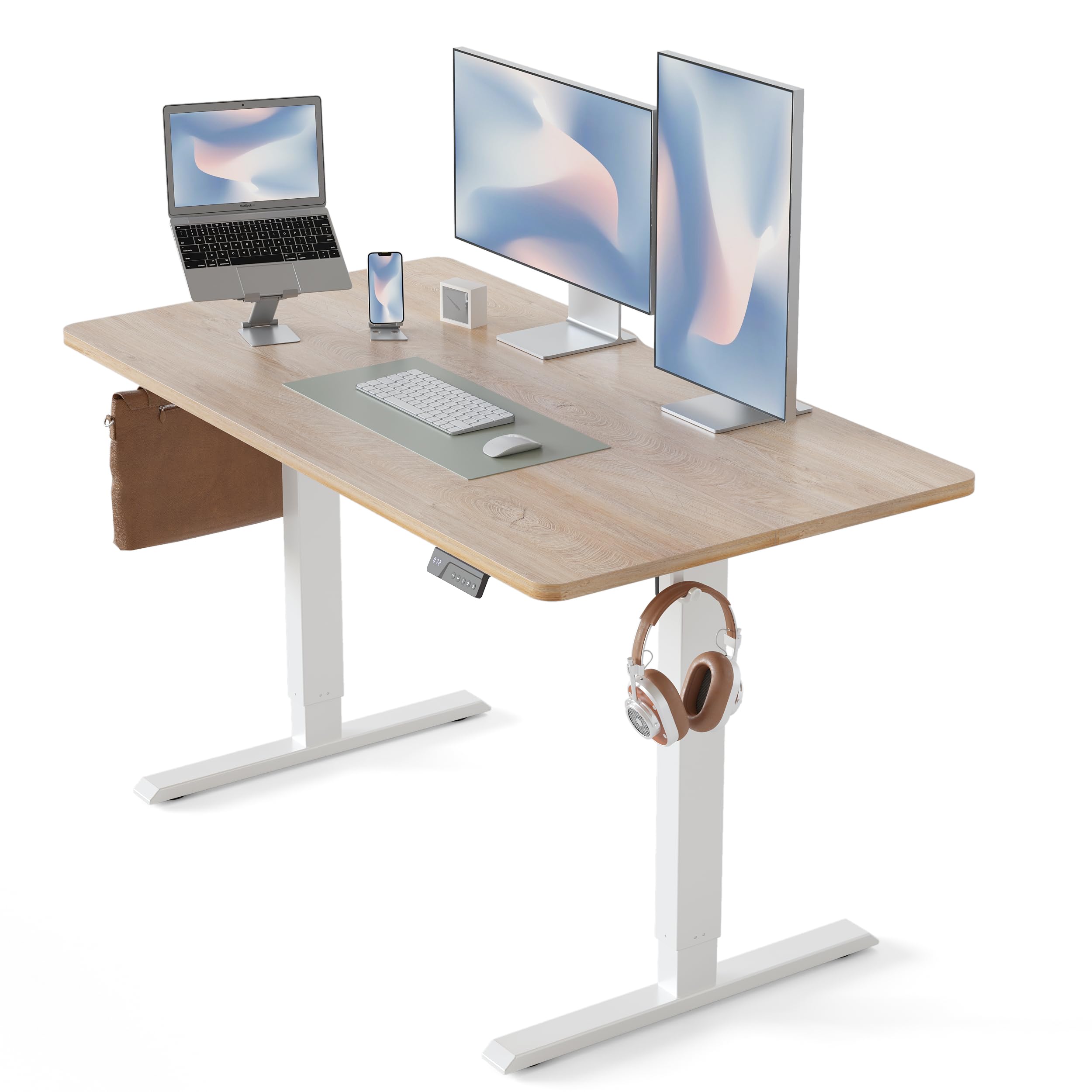 CubiCubi Height Adjustable Electric Standing Desk, 55 x 28 Inches Sit Stand up Desk, Large Memory Computer Home Office Desk with Two-Piece Desktop (Maple) Image